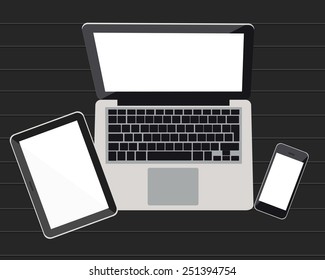 Laptop, tablet and mobile phone on a background  dark wood. Vector illustration