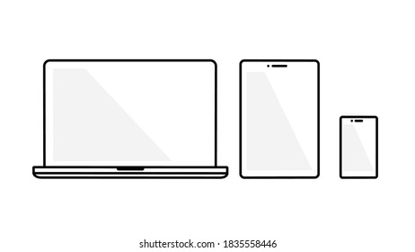 Laptop, tablet and mobile phone. Set of various simple monotone illustrations.