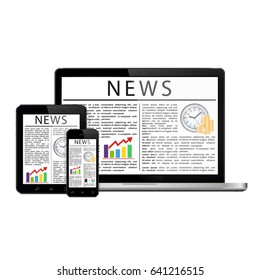 Laptop, tablet and mobile phone with web business news on screen. Vector illustration.