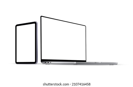 Laptop And Tablet Mockup With Perspective Side View, Isolated On White Background. Showcase Your Website Or Mobile Design Project. Vector Illustration