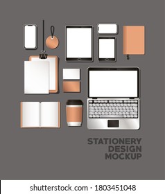laptop tablet and mockup set on gray background of corporate identity and stationery design theme Vector illustration