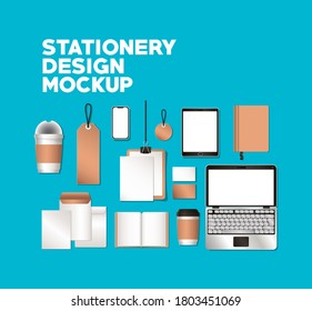 laptop tablet and mockup set on blue background of corporate identity and stationery design theme Vector illustration