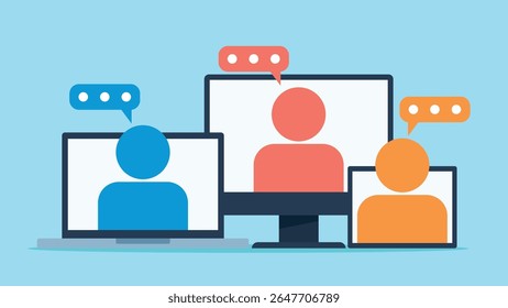 Laptop, tablet monitor with colorful avatars on screen. Communication clouds are next to the characters. Flat design vector. Online connection illustration. Technology and connection at work.