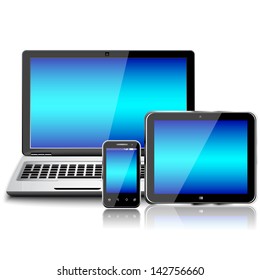 Laptop, tablet pc computer and mobile smartphone with a blank screen