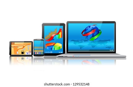 Laptop, tablet pc, mobile phone and navigator are shown in the image.