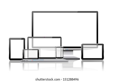 Laptop, tablet pc, mobile phone and navigator are shown in the image.