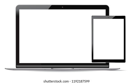 Laptop and tablet pc mockup set. Mobile devices vector illustration. Notebook and phablet isolated on white background.