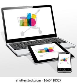 A Laptop, Tablet PC And Smart Phone Devices Presenting An Online E-retail (e-commerce) Shopping Icon On Screen.