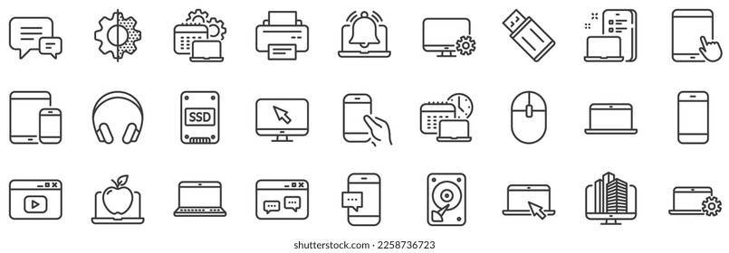 Laptop, Tablet PC and Smartphone icons. Mobile device line icons. HDD, SSD and Flash drive. Headphones, Printer and tablet device. Mouse, ssd disk, mobile laptop. Memory hdd drive. Vector