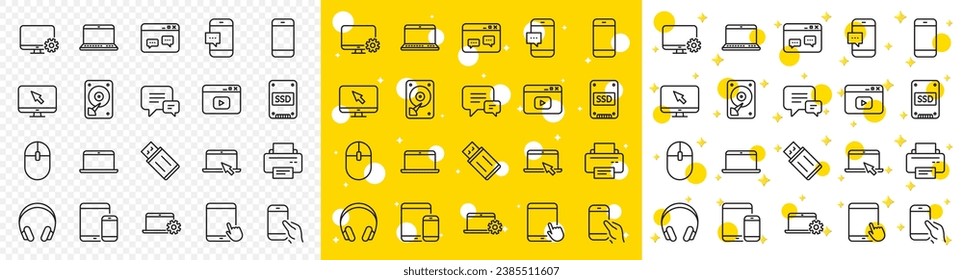 Laptop, Tablet PC and Smartphone icons. Mobile device line icons. HDD, SSD and Flash drive. Headphones, Printer and tablet device. Mouse, ssd disk, mobile laptop. Memory hdd drive. Vector