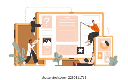 Aplicación para portátil, tablet y teléfono. Adaptación de proyectos digitales a diferentes formatos. Equipo de desarrollo de programadores trabajando en el sitio web. Desarrolladores crean programa de equipo