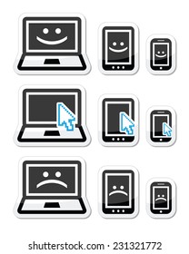 Laptop, tablet and phone with cursor arrow, happy and sad faces