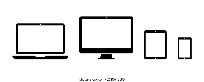 Laptop, tablet, phone, desktop computer, PC, smartphone screens for web. Vector mobile devices mockup isolated. Display blank icons. Design of digital notebooks on white. Smart technology illustration