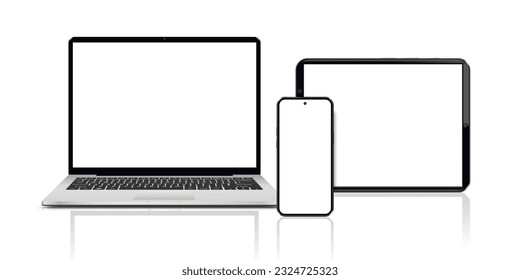 Laptop, tablet, phone. Flat lay detailed and realistic devices mockup.