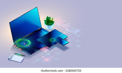 Laptop, Tablet, Phone On Table In Isometric. Tech Icons Of Computer Technology, Software Develop Over Computer Devices On White Background. Dark Empty Monitor Or Screen Of Notebook, Smartphone, Tablet