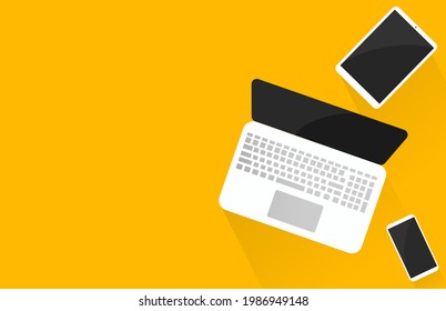 Laptop, tablet, smart phone  with blank screen from top view isolate on yellow background for new product, promotion, advertising, vector illustration