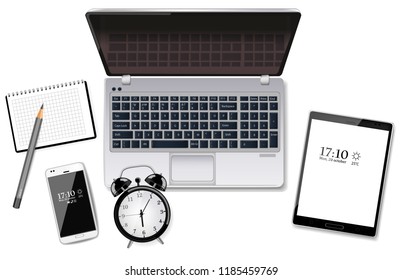 Laptop, tablet and smart phone Vector realistic. New technology gadgets. Top view. Detailed 3d illustrations