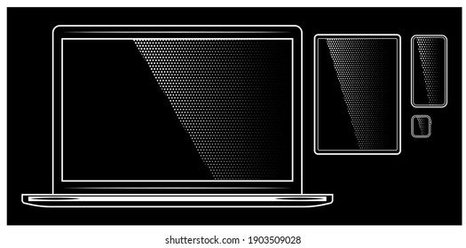 Laptop, tablet, smart phone, smart watch with black screensaver on a black background. Set of vector templates for design corporate style, business card, poster, website.