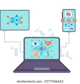Laptop, Tablet und Smartphone mit AI-Anwendungen Vektorgrafik. Maschinelles Lernen, künstliche Intelligenz, Bilderkennung. Modernes Technologiekonzept