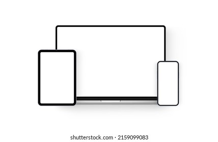 Laptop, Tablet, Smartphone With Blank Screens, Isolated on White Background. Vector Illustration