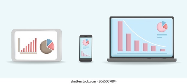 laptop, tablet, smartphone with charts and graphs 3d vector illustration design.