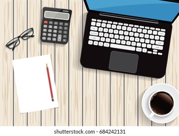 Laptop tablet smartphone and coffee on wood table background with text space and copy space. illustration vector.