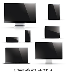 Laptop, tablet, smartphone, computer display vectors with black screen isolated on white