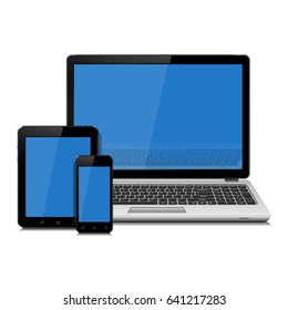 Laptop, tablet and smartphone with empty blue screen