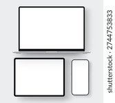 Laptop, tablet and smartphone mockup with blank screens, isolated on white background. Vector template for responsive website presentation, app design showcase