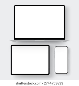 Laptop, tablet and smartphone mockup with blank screens, isolated on white background. Vector template for responsive website presentation, app design showcase
