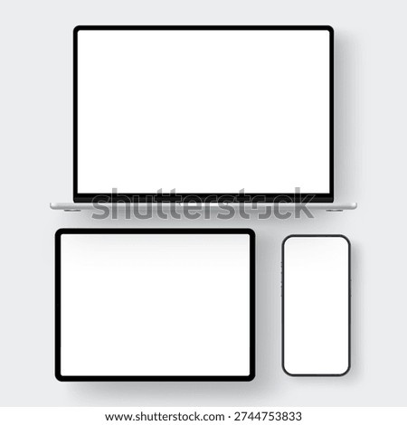 Laptop, tablet and smartphone mockup with blank screens, isolated on white background. Vector template for responsive website presentation, app design showcase