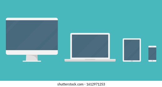 Laptop, Tablet Smartphone And Monitor. Set Of Devices In Cartoon Style. Stock Flat Vector Illustration. Eps 10