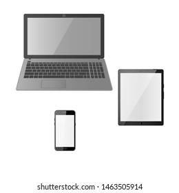 Laptop, tablet and smartphone. A set of devices with blank screens. Vector illustration on white background.