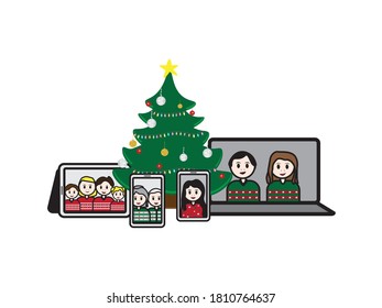 Laptop, Tablet and Smartphones with cartoon characters around decorated Christmas tree