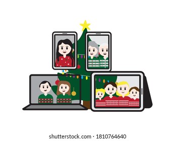 Laptop, Tablet and Smartphones with cartoon characters and Christmas tree