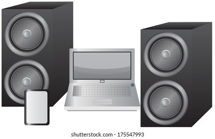 Laptop, Tablet and Speakers