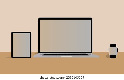 laptop tablet and watch on table light brown color