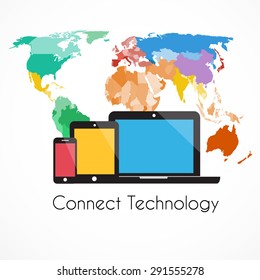 Laptop, tablet,phone icon and world map