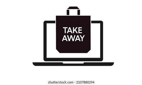 Laptop Take Away Icon. Vector isolated editable flat illustration of a laptop with a take away bag