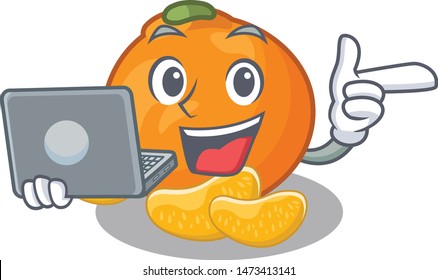 With laptop tangerine fruit slices on character plate
