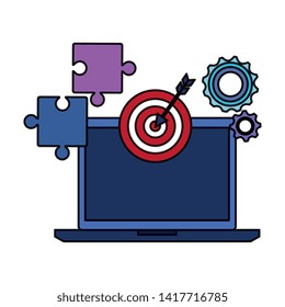 laptop with target arrow success and business icons