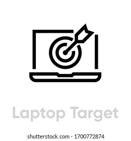Icono de Destino del portátil. Vector de línea editable. Símbolo estilizado de un objetivo redondo con una flecha en la visualización de un gadget. Pictograma único.