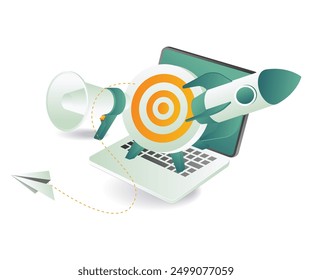 Laptop with target symbol, symbolizing start up launching