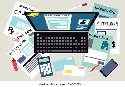 Laptop with a tax return form on a screen surrounded by documents supporting various tax deductions, EPS 8 vector illustration