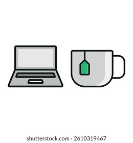 Laptop and tea set icon symbolizes calm focus, cozy workspace vibes, and relaxing digital work sessions.