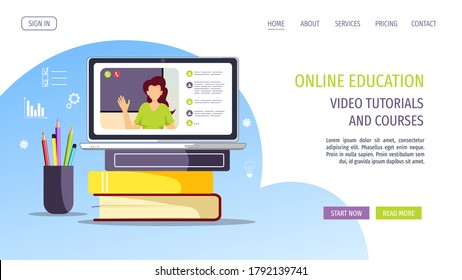 Laptop with teacher on the screen, books and pencils. Studying and training online through distance education. E-learning, tutorials and courses concept. Vector illustration for poster, banner, website.