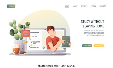 Laptop with teacher on the screen, houseplant, coffee cup. Studying, Online training, distance education, e-learning, tutorials and courses.  Vector illustration for poster, banner, website.
