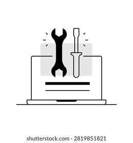 Laptop Technical Support and Repair Vector Icon. Computer Maintenance and Tool Service Graphic. Laptop Repair Service with Wrench and Screwdriver. Digital Hardware Maintenance and Tech Repair Line Art. Computer Technical Assistance and Service Vector Icon. Editable stroke. Isolated vector icon.