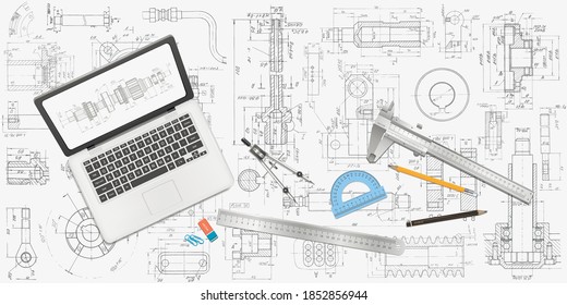 Laptop and technological tool.Technical drawing background.Mechanical Engineering background . Industrial design engineering facility office.Vector illustration .	