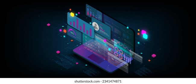 
Laptop technology background image, analyst concept, business graph, web development, virtual screen on blue background.